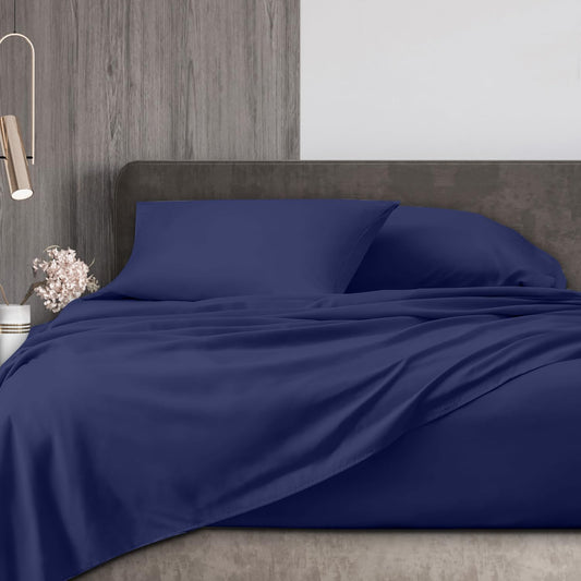 Navy Blue 100% Viscose Derived from Bamboo, Bed Sheet Set Luxurious 4-Pieces