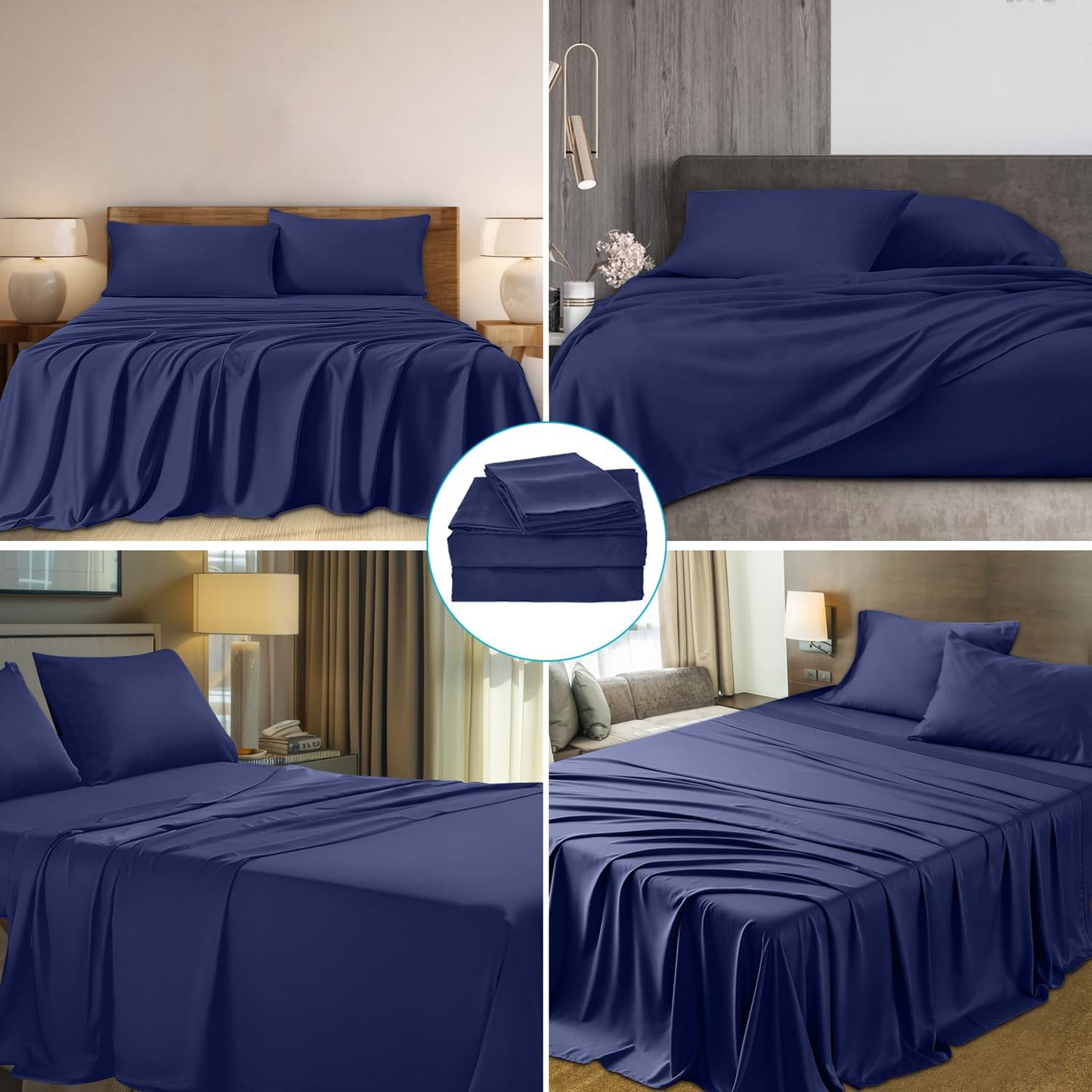 Navy Blue 100% Viscose Derived from Bamboo, Bed Sheet Set Luxurious 4-Pieces